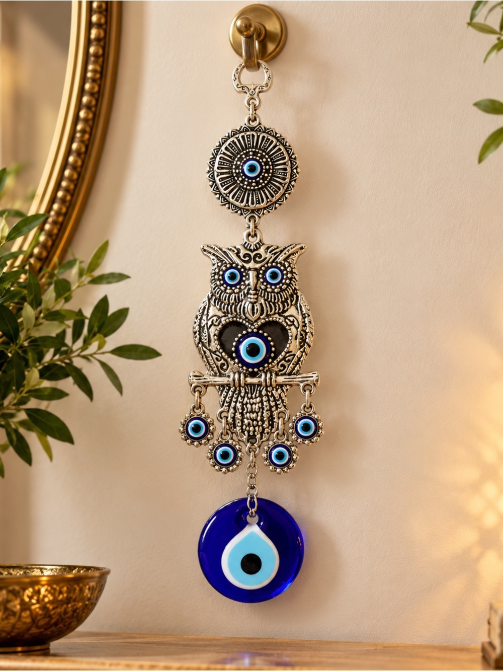 Silver Owl Evil Eye Wall Hanging - Blue